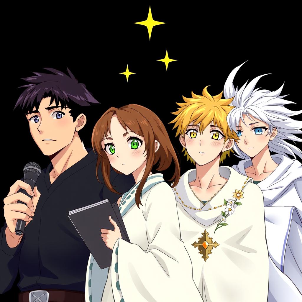A scene featuring four characters: the first is a young, handsome, and strong man with black hair and blue eyes, holding a microphone