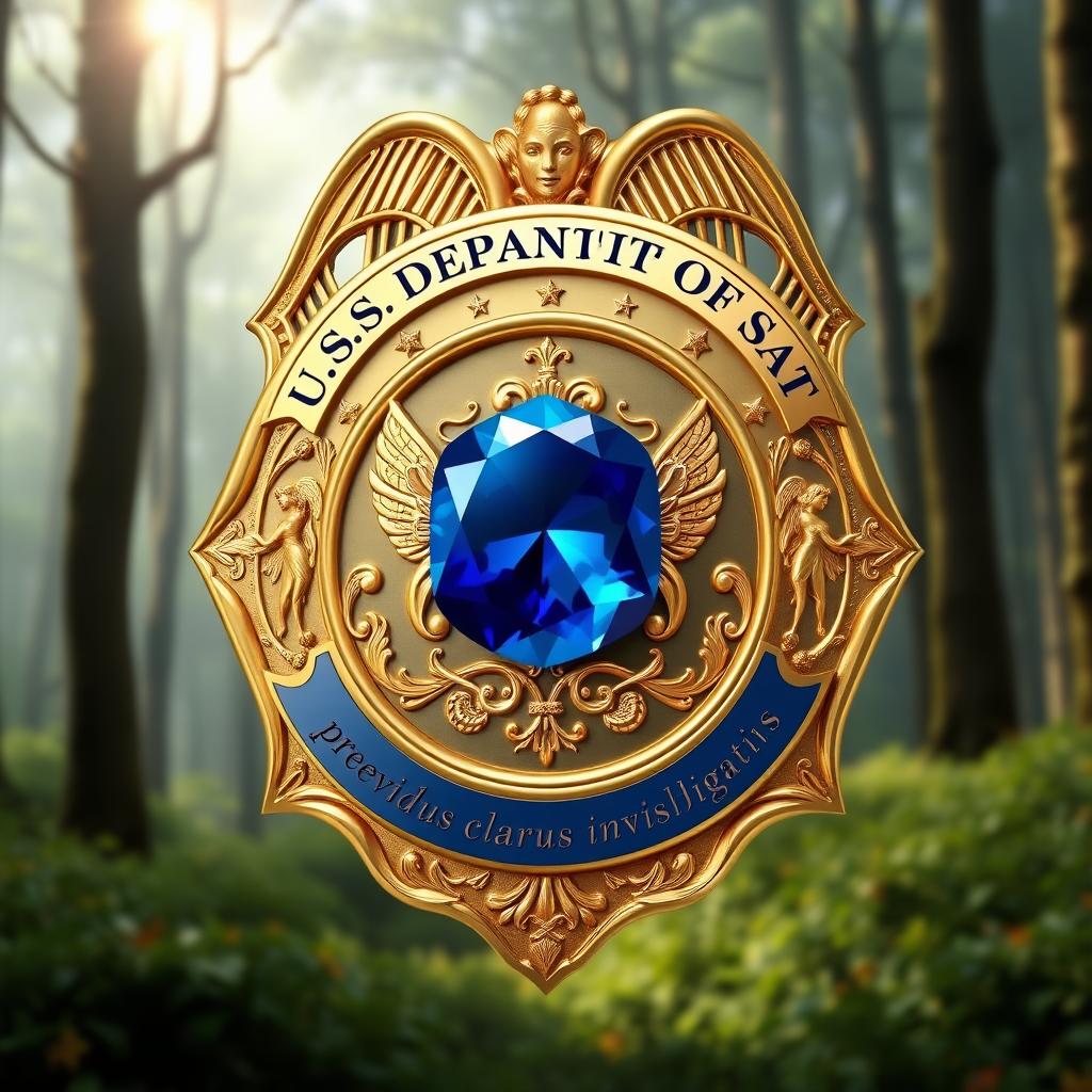 An exquisite design of a gold "Faerie Bureau of Investigation" badge featuring the text "U S Department of State" and the Latin phrase "praevidus clarus invisibilis"