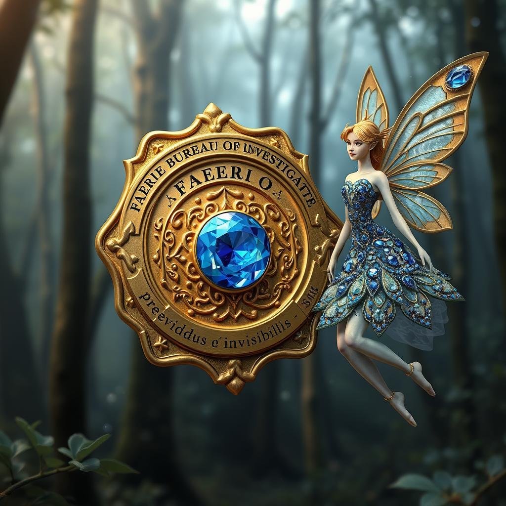 An exquisite gold "Faerie Bureau of Investigation" badge with the text "U S Department of State" and the Latin phrase "praevidus clarus invisibilis"