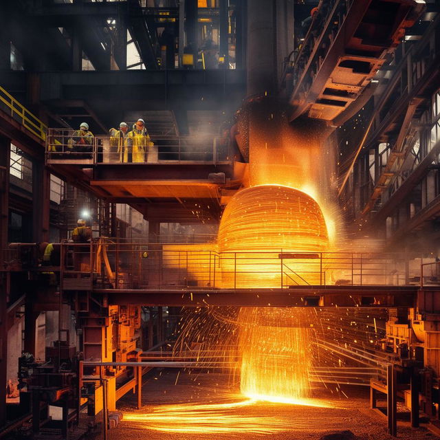 A highly detailed depiction of a steel smelting process showcasing glowing molten steel, hard-working personnel in safety gear, and robust industrial machinery.