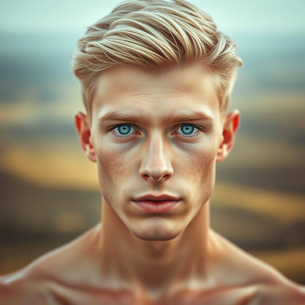A tall young man with broad shoulders and fair skin resembling milk