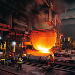 A highly detailed depiction of a steel smelting process showcasing glowing molten steel, hard-working personnel in safety gear, and robust industrial machinery.