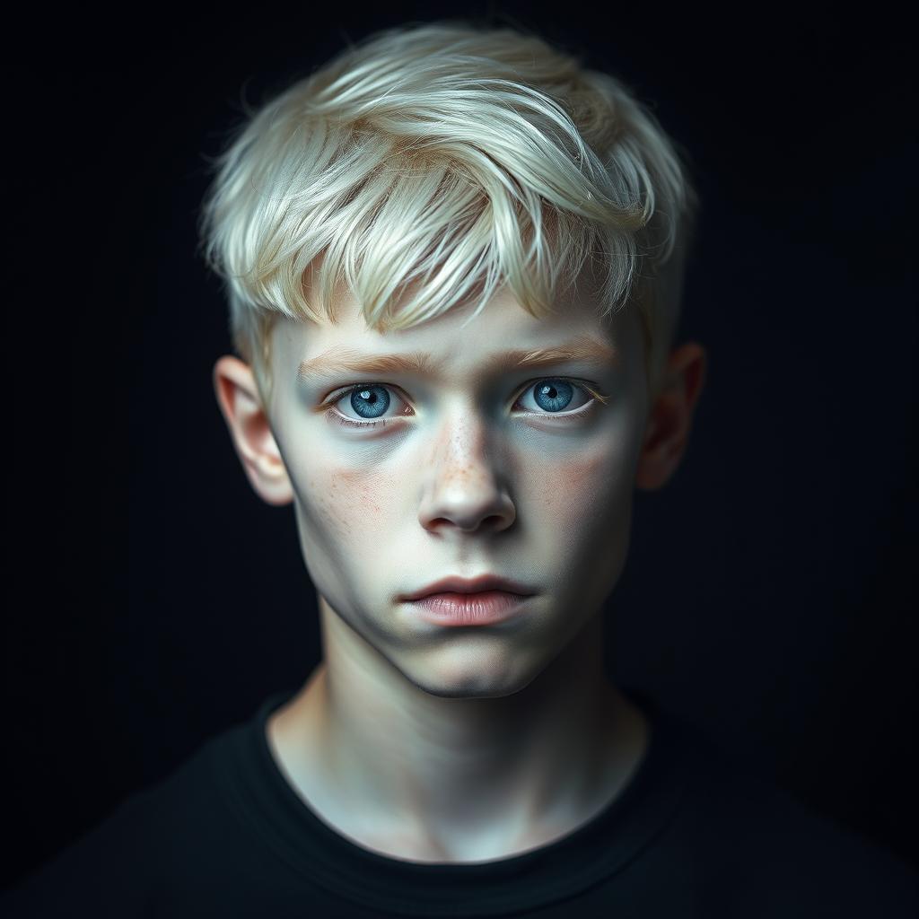 A tall boy with almost white blonde hair and broad shoulders, showcasing extremely clear, milk-like pale skin
