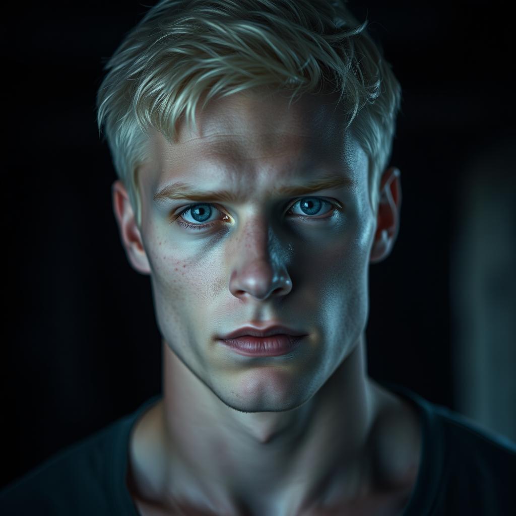 A 25-year-old man with tall stature, very light blonde hair, almost white, broad shoulders, and fair skin as white as milk