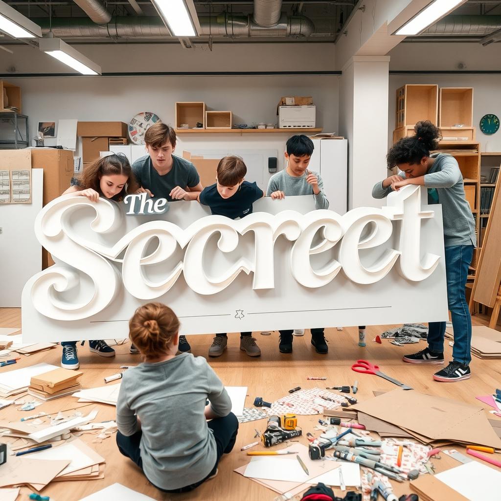 A group of energetic young individuals collaborating effectively to craft a large, intricate sign that showcases the words 'The Secret' and 'Ichancy' in an elegant, artistic font