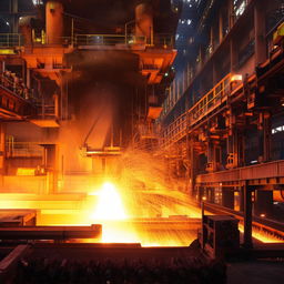 An industrial steel smelting facility in operation, with a focus on molten steel, safety-garbed workers, and large, glowing machinery.