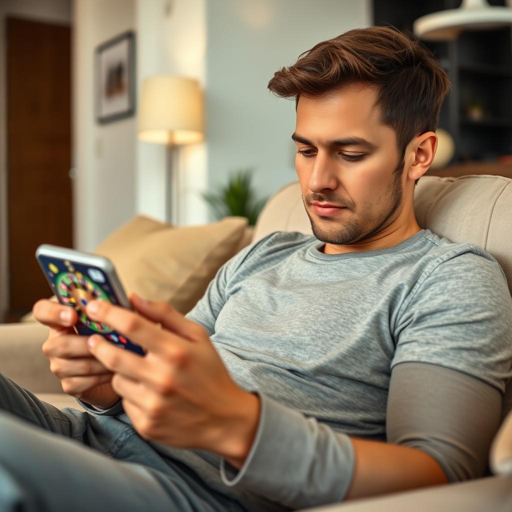 A person sitting comfortably and deeply engaged in playing a mobile game related to betting and chance