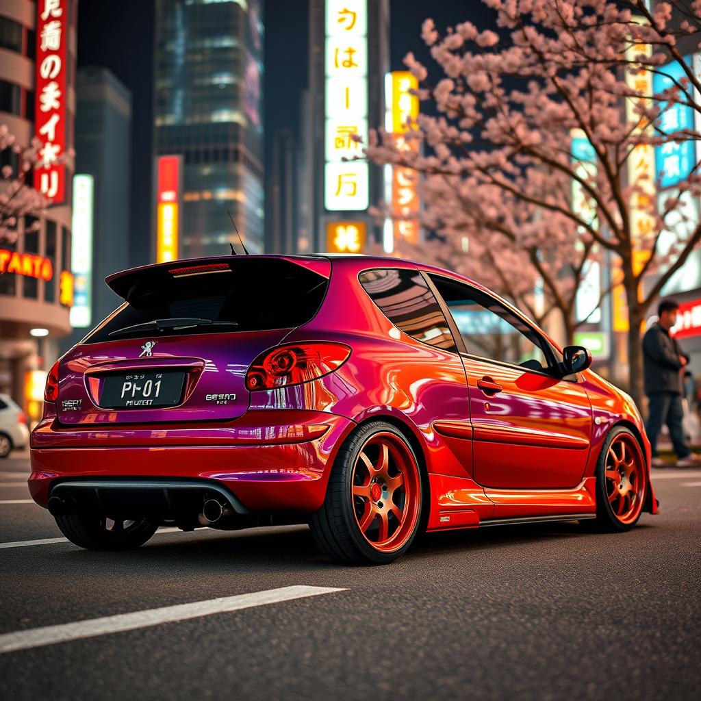 A sleek and stylish Peugeot 206, modified for the Japanese market, showcasing a vibrant paint job and unique body kit