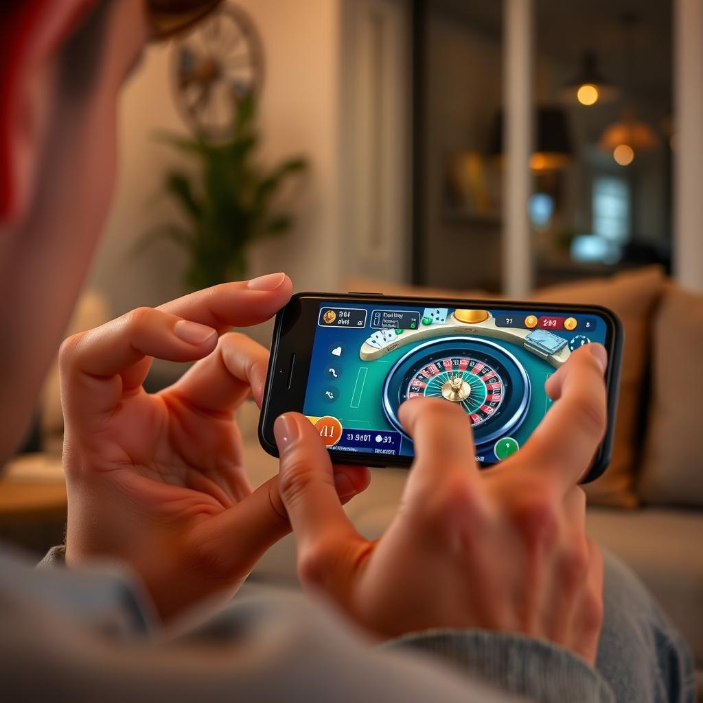 A person deeply engaged in playing a popular mobile betting game, with a focused and slightly anticipatory expression