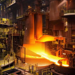 An industrial steel smelting facility in operation, with a focus on molten steel, safety-garbed workers, and large, glowing machinery.