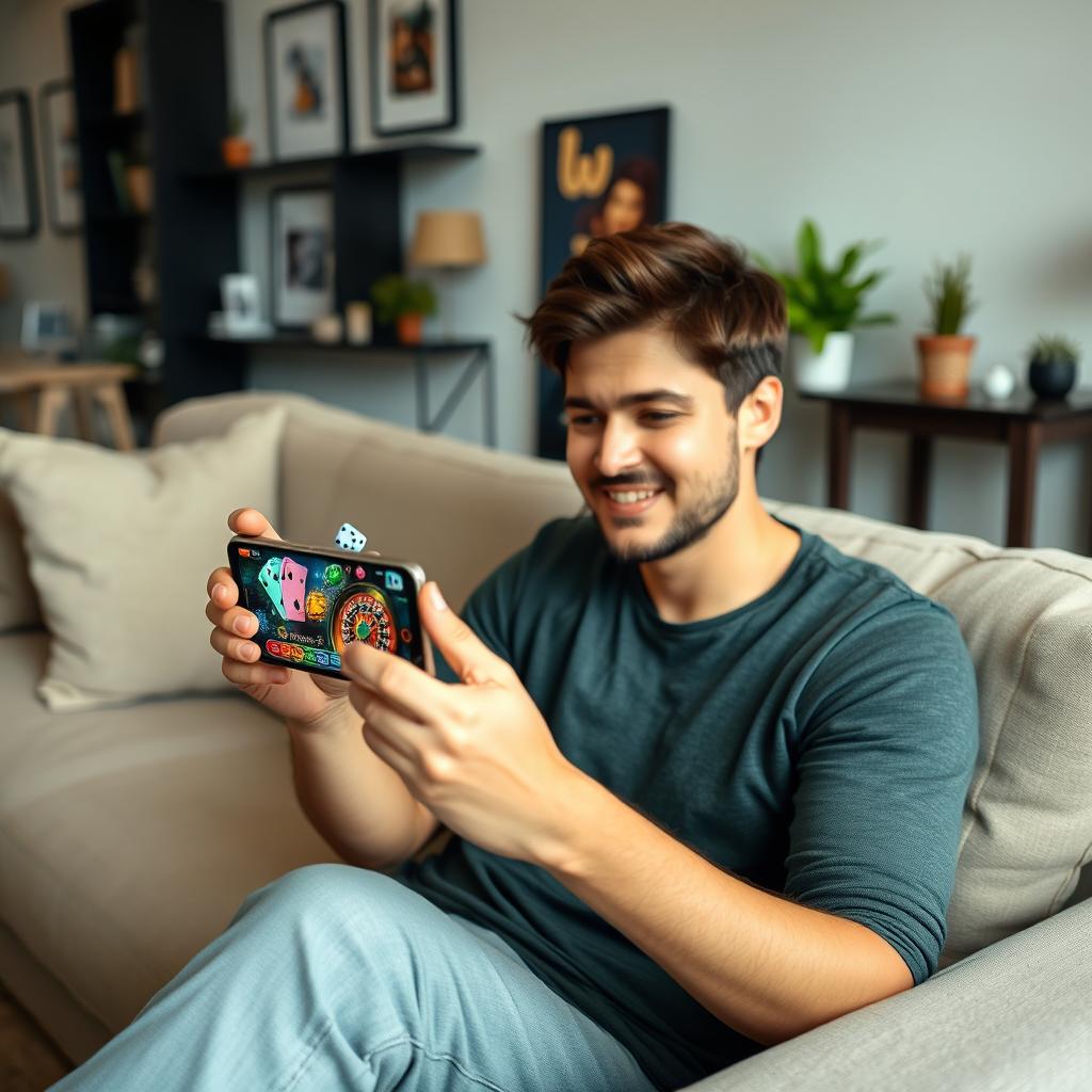 A person sitting casually in a cozy, modern living room, holding a smartphone displaying an exciting scene of a mobile betting game
