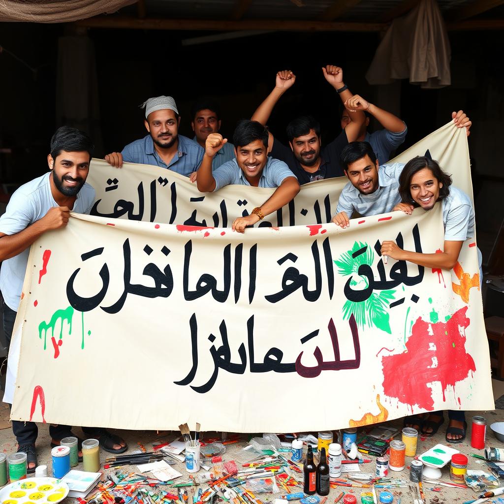 A group of passionate, determined individuals collaboratively crafting a large, hand-painted banner that reads 'سيرياتيل كاش متوفر دائماً بالعالم السوري الجديد - الثورة' in bold, expressive Arabic calligraphy