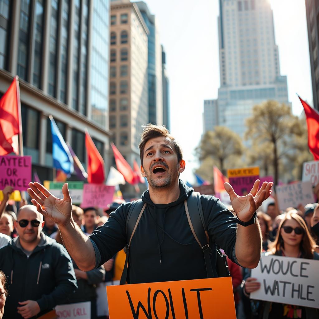 A passionate activist delivering an impassioned speech in a bustling city square, surrounded by a diverse group of supporters holding colorful signs