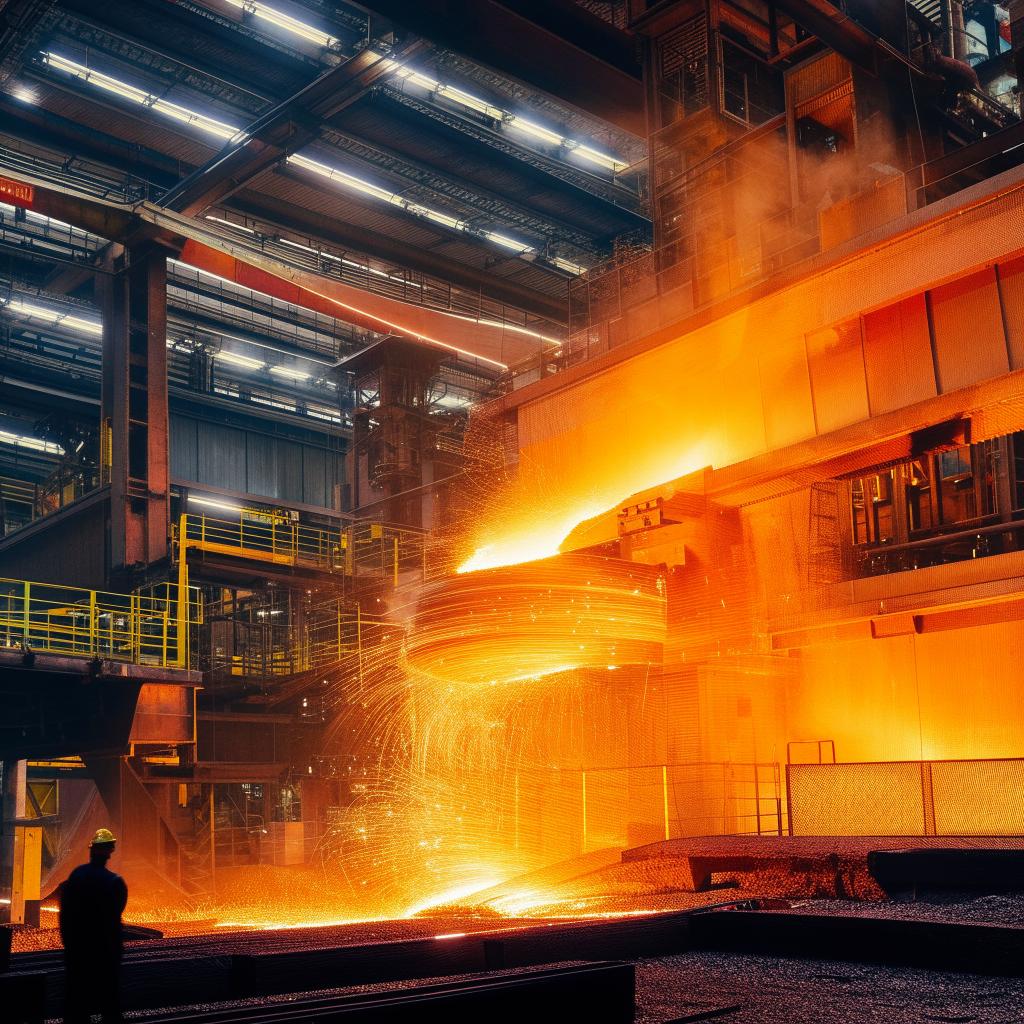 An industrial steel smelting facility in operation, with a focus on molten steel, safety-garbed workers, and large, glowing machinery.