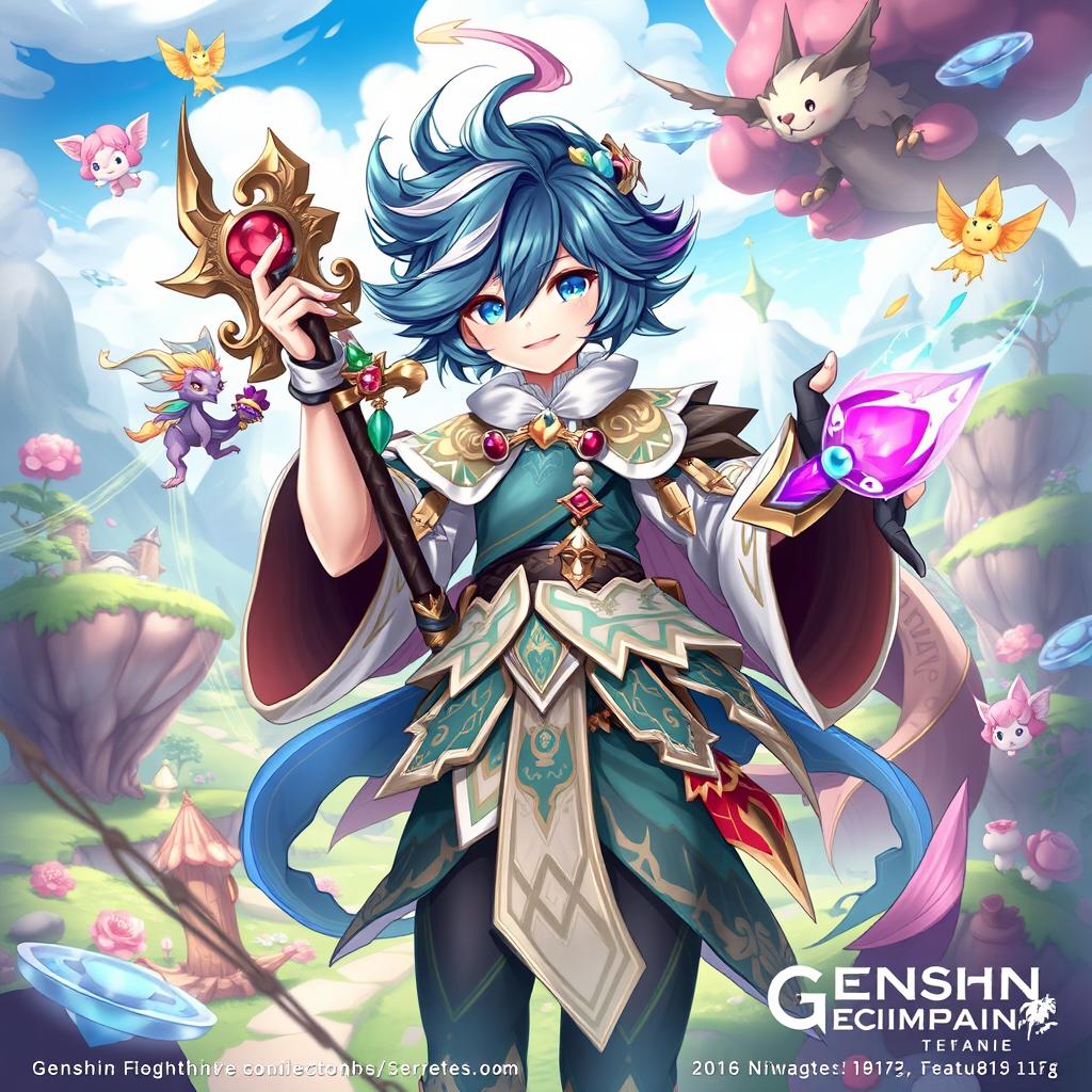 A fantasy character designed in the Genshin Impact art style, featuring elaborate clothing with intricate patterns and accessories typical of the game's aesthetic