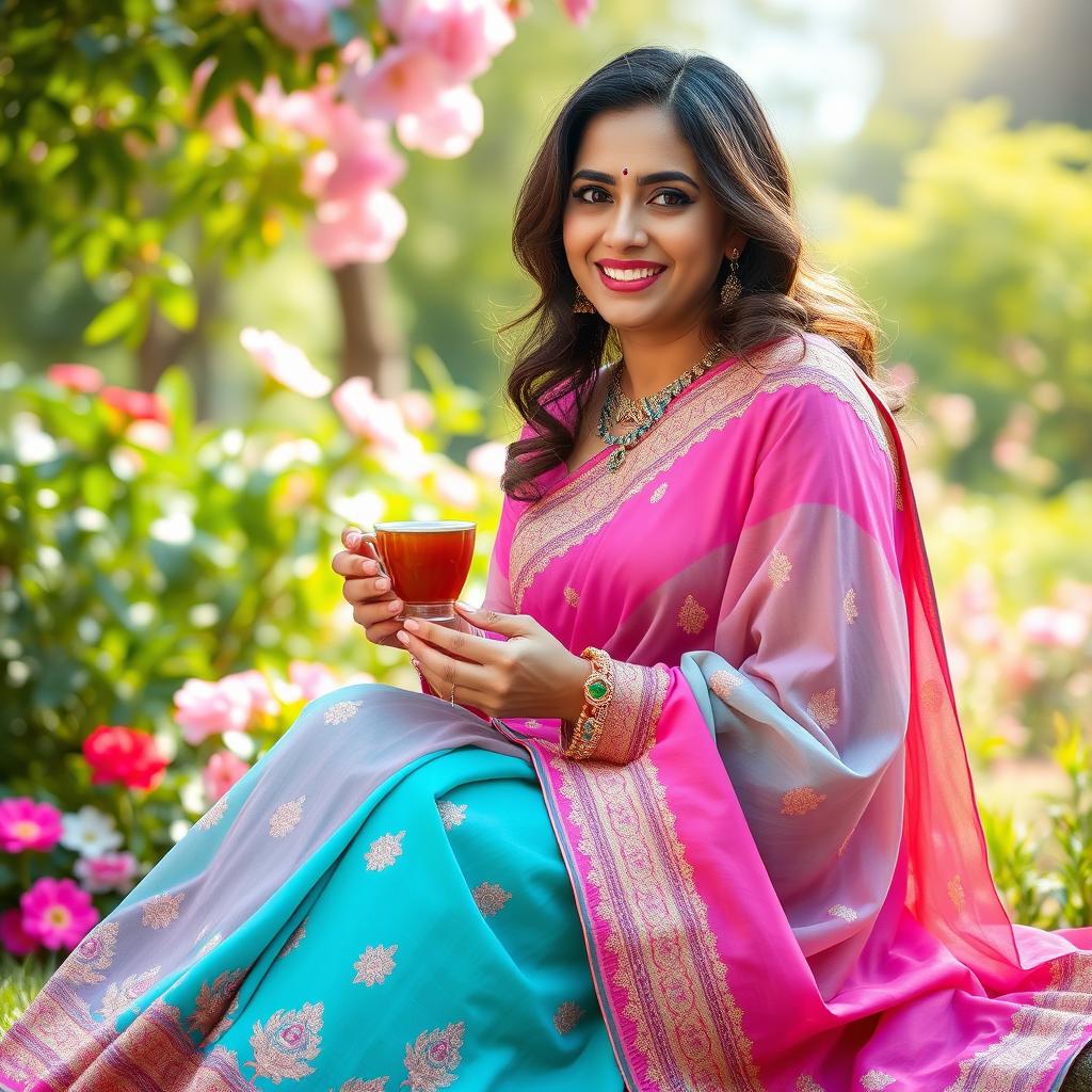 A beautiful South Asian woman, known as 'Bhabhi', is depicted sitting elegantly in a bright, lush garden