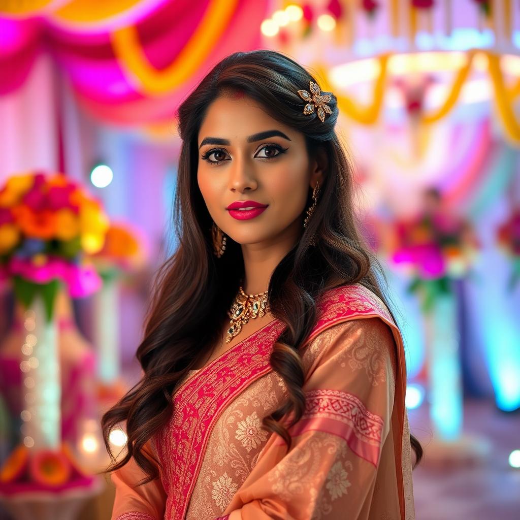 A glamorous portrait of a beautiful woman resembling Kajal Raghwani, dressed in elegant traditional Indian attire with intricate designs