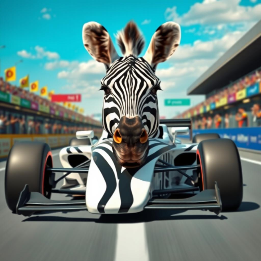 A creative and whimsical depiction of a zebra seamlessly integrated with a Formula 1 racing car, inspired by Zenos cars