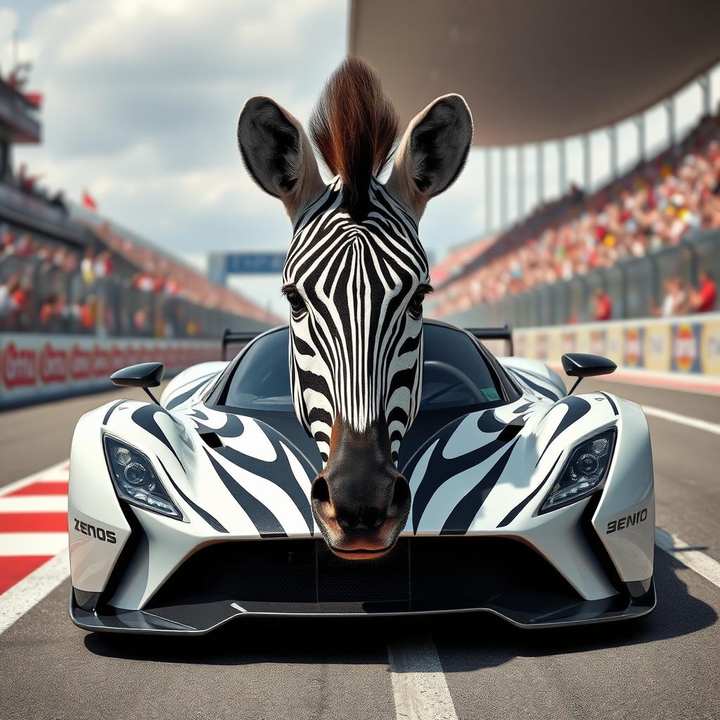 An imaginative scene featuring a zebra artistically blended with a Zenos car, showcasing the sleek design and unique elements of both