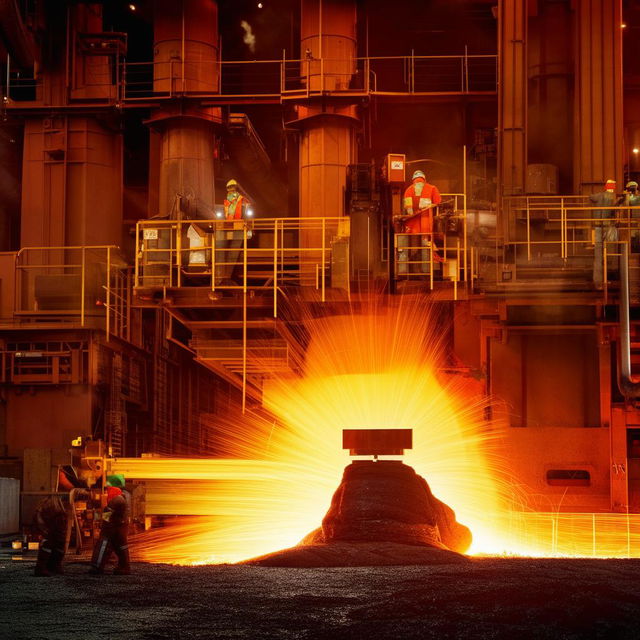 An industrial steel smelting facility in operation, with a focus on molten steel, safety-garbed workers, and large, glowing machinery.