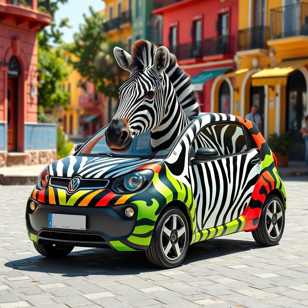 A creative and imaginative scene depicting a zebra artistically blended with a ZAZ car, highlighting the unique features of both the animal and the vehicle
