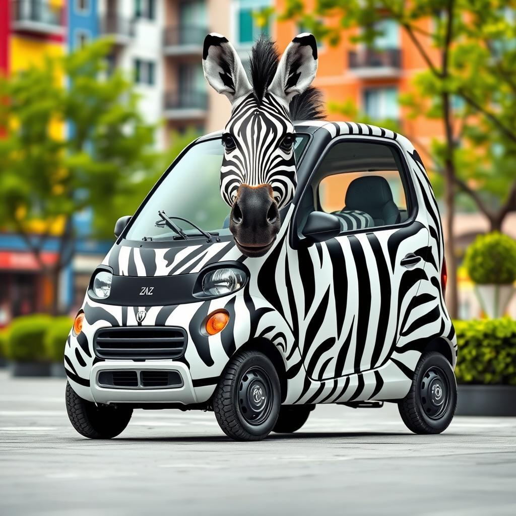A creative and playful scene showcasing a zebra creatively combined with a ZAZ car