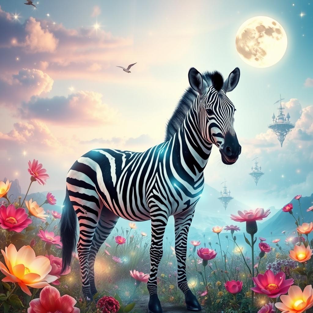 An enchanting scene featuring a majestic zebra standing proudly in a magical fantasy background