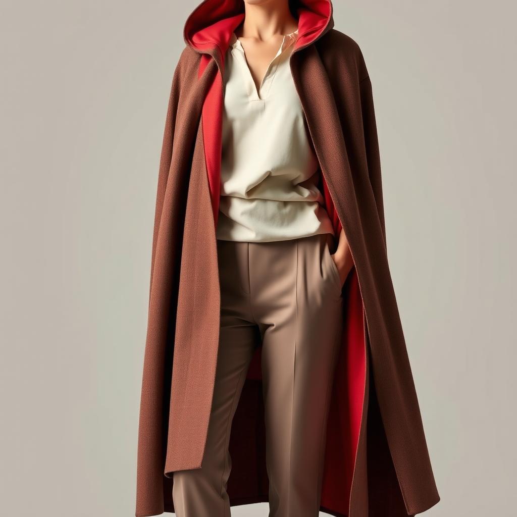 A stylish outfit featuring a simple tunic and fitted trousers underneath a flowing, long cloak