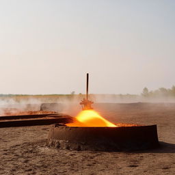 A hot iron smelting operation happening in a wide, open plain under a clear sky during the daytime.