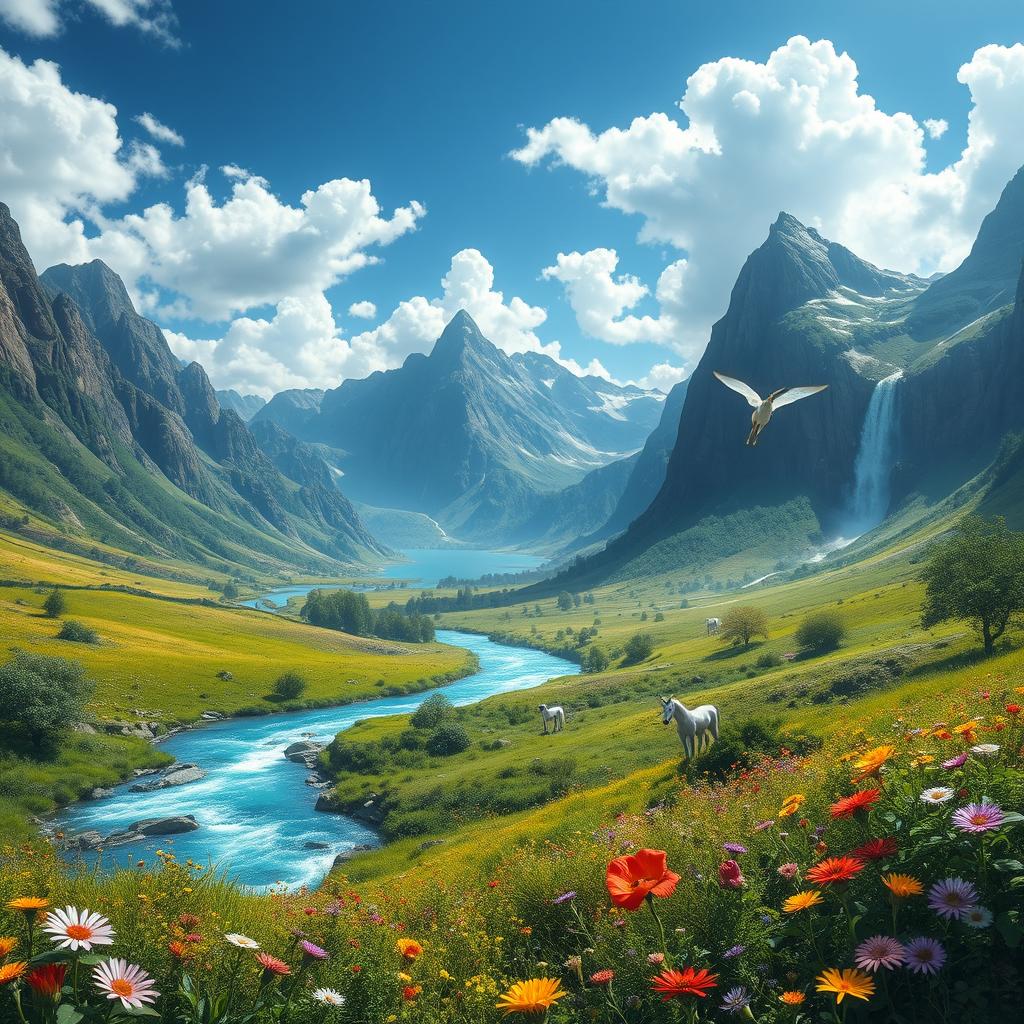 A visually stunning fantasy landscape depicting a lush, vibrant valley surrounded by majestic mountains, with a clear blue sky dotted with fluffy white clouds