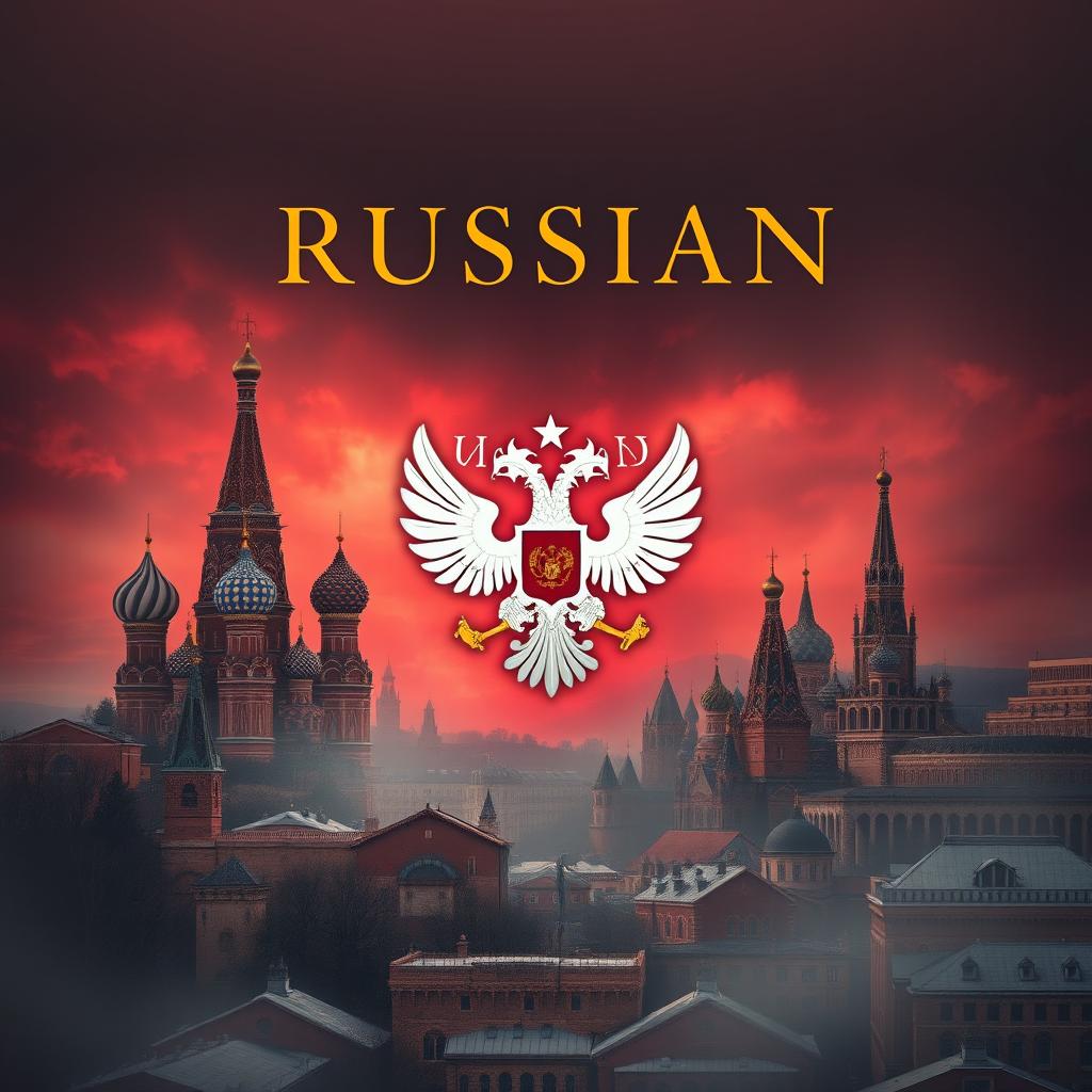 A captivating book cover featuring the emblem of Russian intelligence as it appears today, surrounded by a blend of ancient and modern Russian landscapes