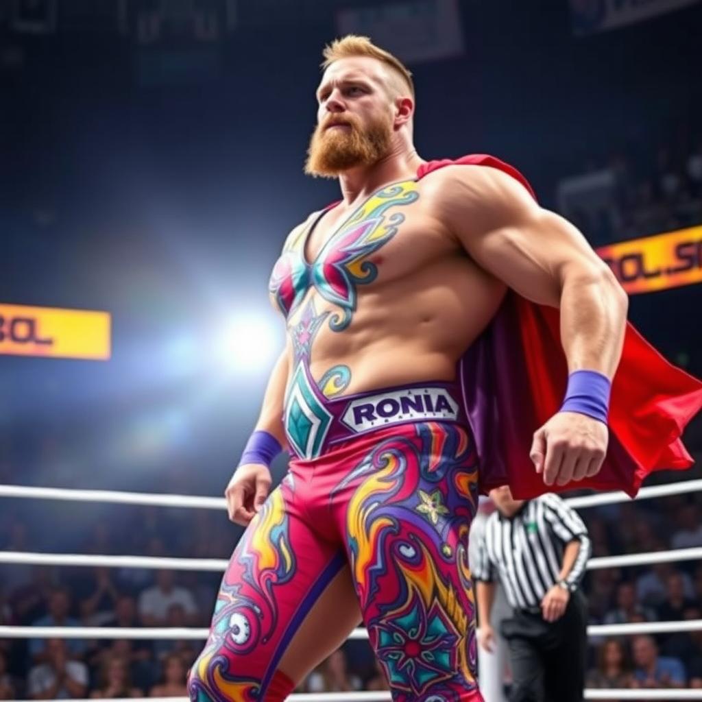 A powerful and muscular wrestler in an action-packed pose, wearing a vibrant wrestling costume with intricate designs, showcasing bold colors and patterns