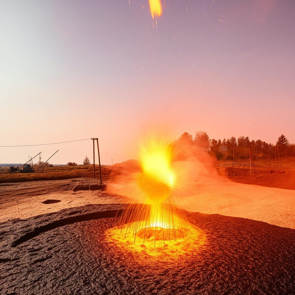 A hot iron smelting operation happening in a wide, open plain under a clear sky during the daytime.