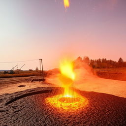 A hot iron smelting operation happening in a wide, open plain under a clear sky during the daytime.