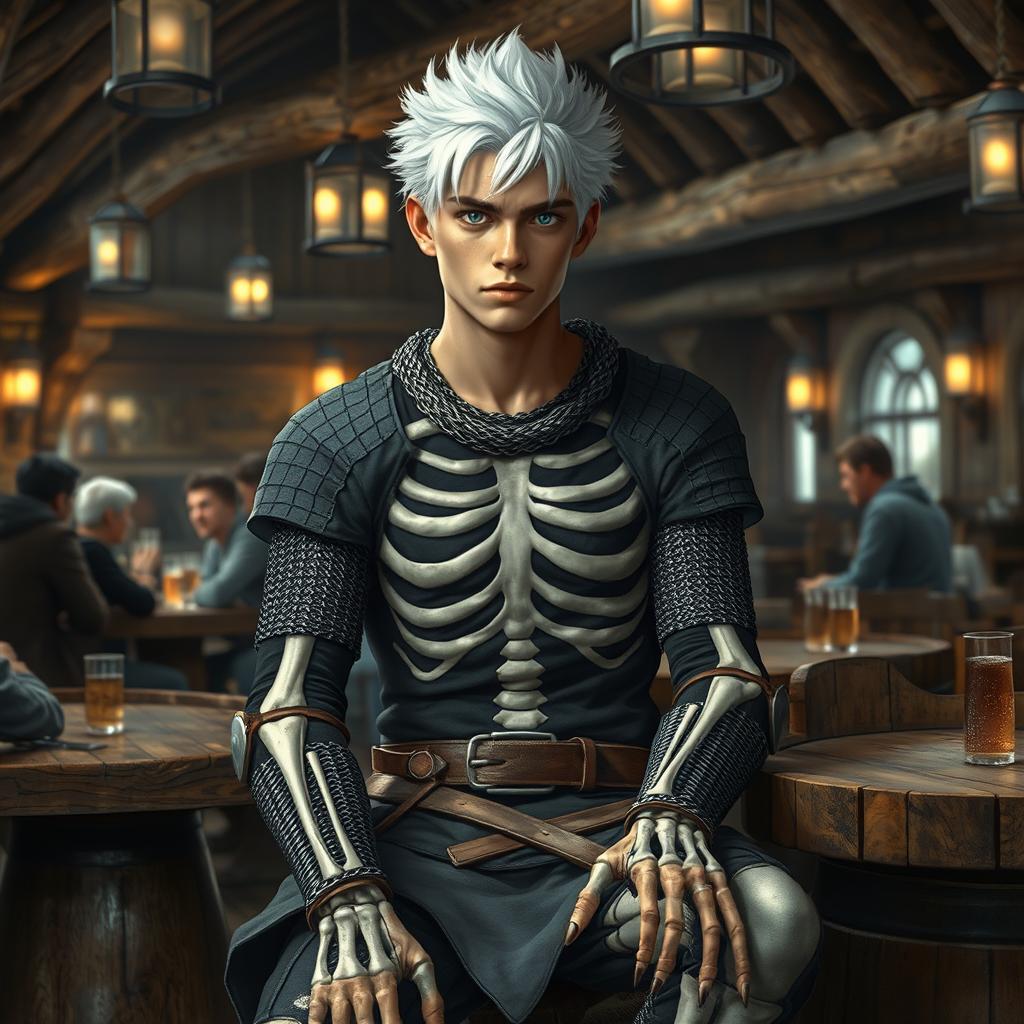 A tall young man with striking white hair and deep blue eyes, seated in a rustic tavern