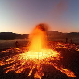 A hot iron smelting operation happening in a wide, open plain under a clear sky during the daytime.