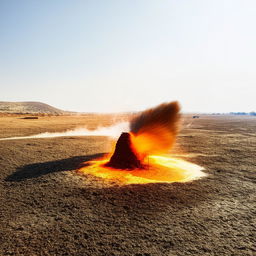 A hot iron smelting operation happening in a wide, open plain under a clear sky during the daytime.