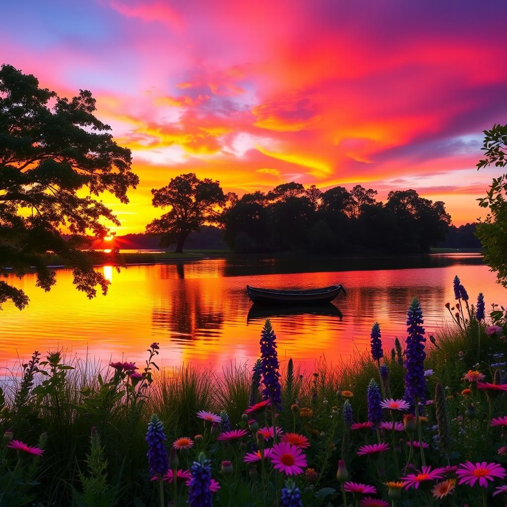 A vibrant sunset over a serene lake, the sky painted with warm hues of orange, pink, and purple as the sun dips below the horizon
