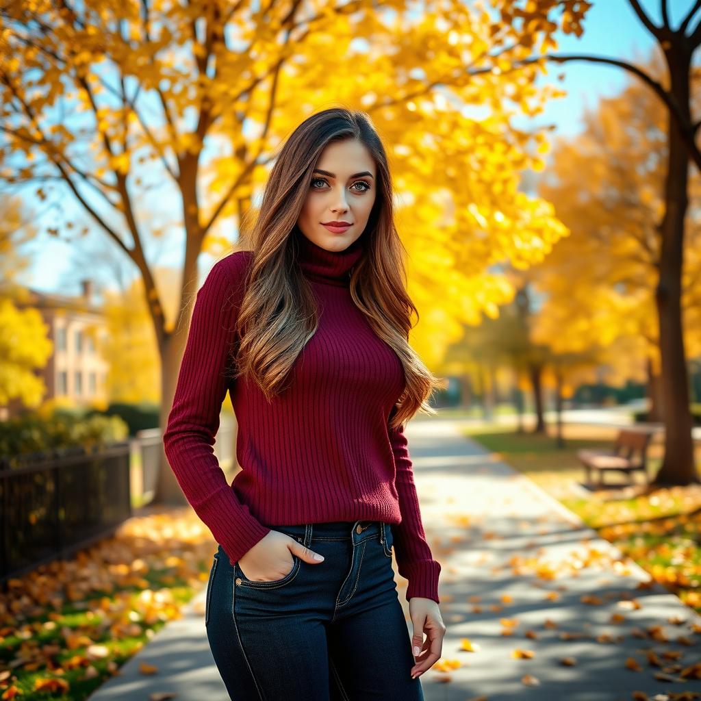 A beautiful woman with long, flowing brunette hair and large, expressive green eyes standing in a sunlit park during autumn