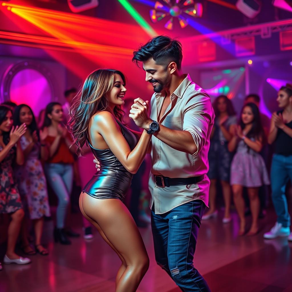 A vibrant and lively scene depicting two adults engaged in a grinding dance at a colorful nightclub