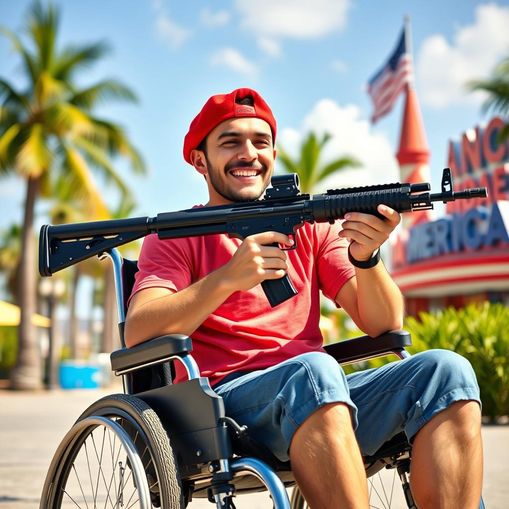 A cheerful Italian young man, sitting in a wheelchair, wearing a bright red MAGA beret