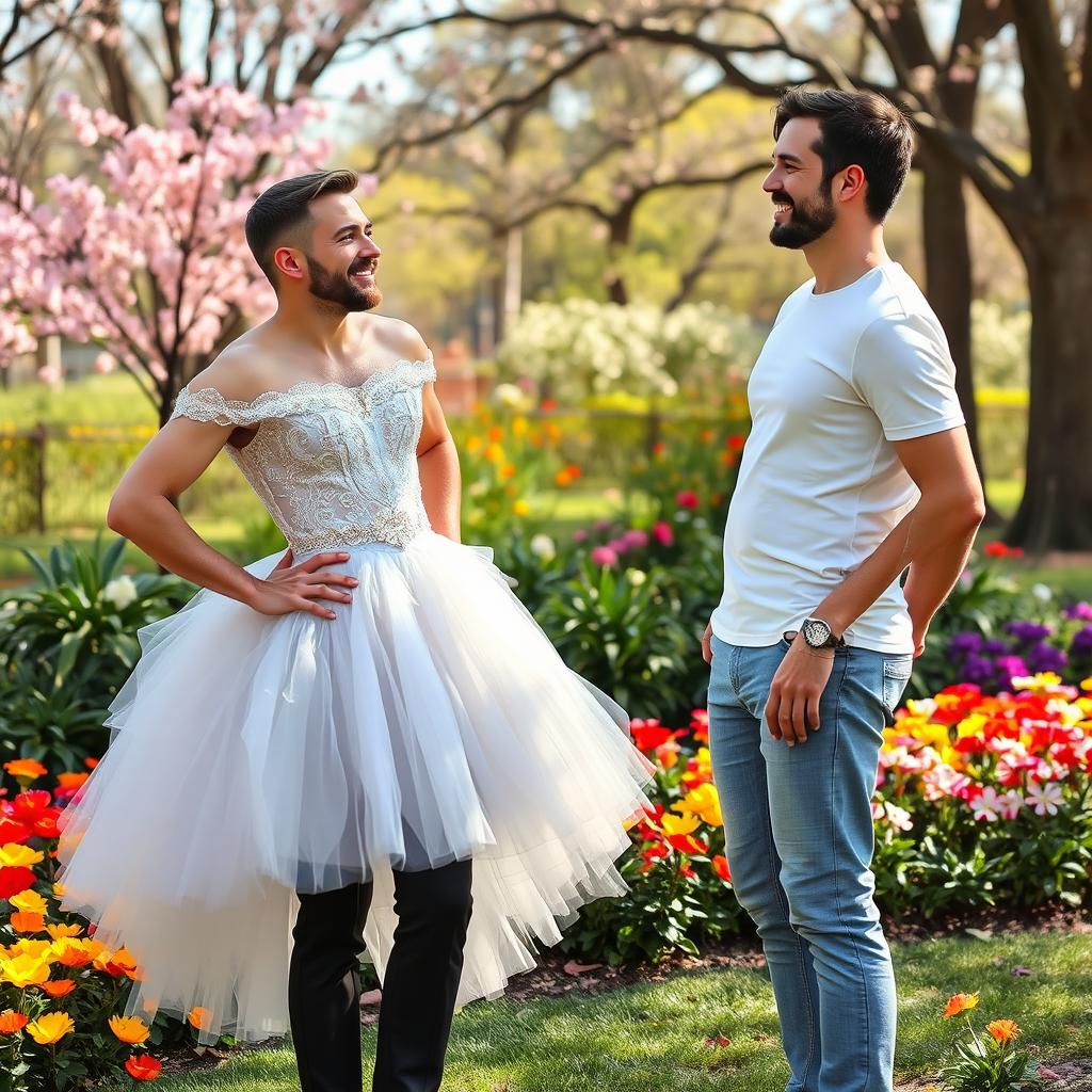 A whimsical and humorous scene where one man is admiring another man confidently wearing a beautiful princess dress