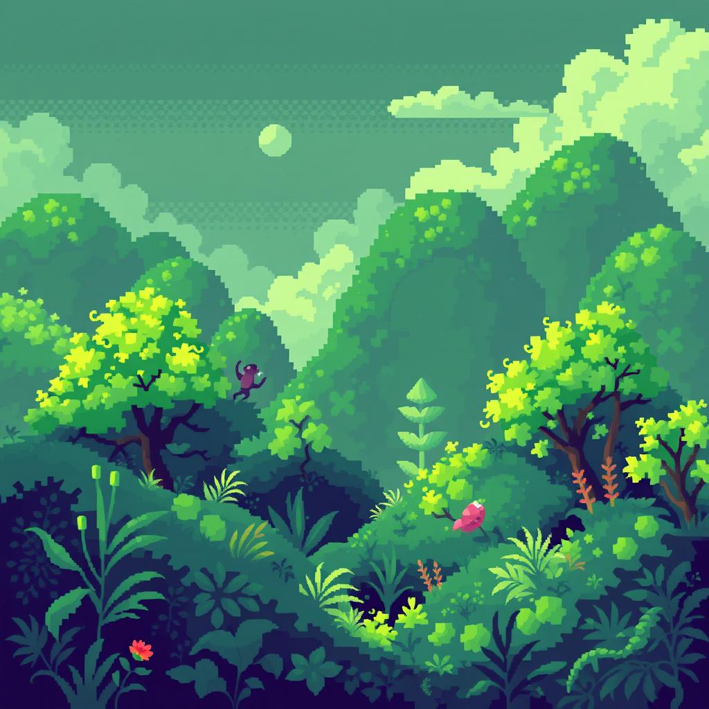 Enchanting Pixel Art Forest Background in Shades of Green