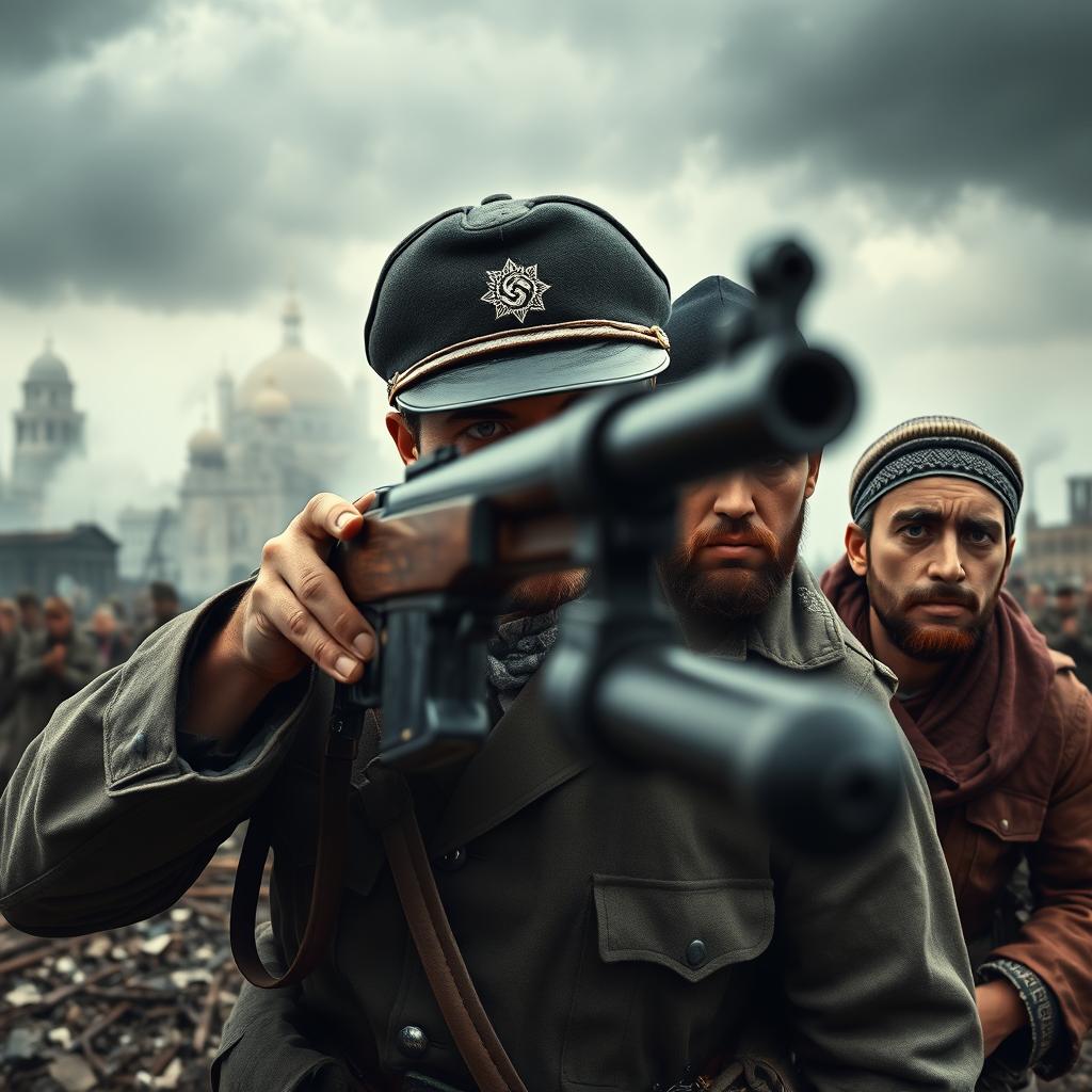 A tense war scene featuring a Nazi soldier aiming a rifle at three individuals representing different religions