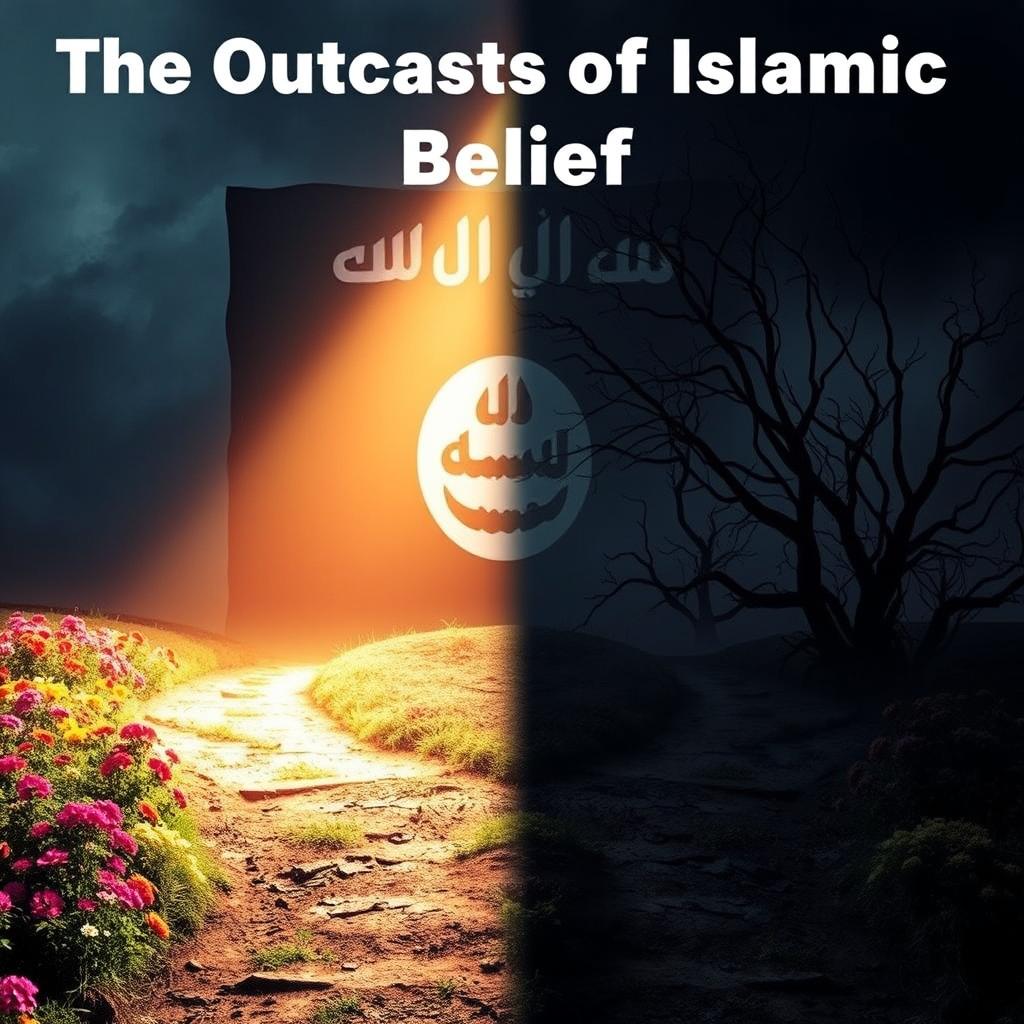 A compelling thumbnail titled "The Outcasts of Islamic Belief" featuring a striking contrast between two distinct paths: one illuminated, representing enlightenment and hope; and the other dark and foreboding, signifying danger and despair