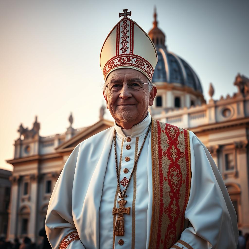 An elderly man dressed as a traditional Pope, complete with a white robe, ornate gold and red accents, and a tall papal tiara