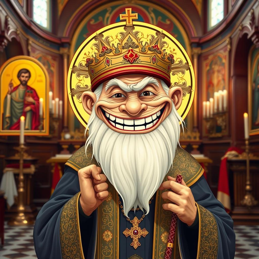 An Orthodox saint depicted with a comical troll face, maintaining traditional saintly attire including a long robe, halo, and ornate decorations