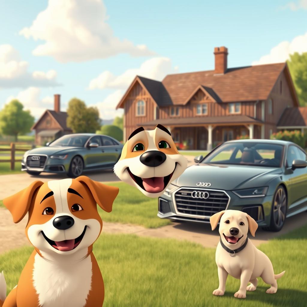 An animated photo featuring a smiling dog juxtaposed with a charming farm landscape, including an Audi S4 and a Genesis Coupe parked in front of a large, vintage-style house
