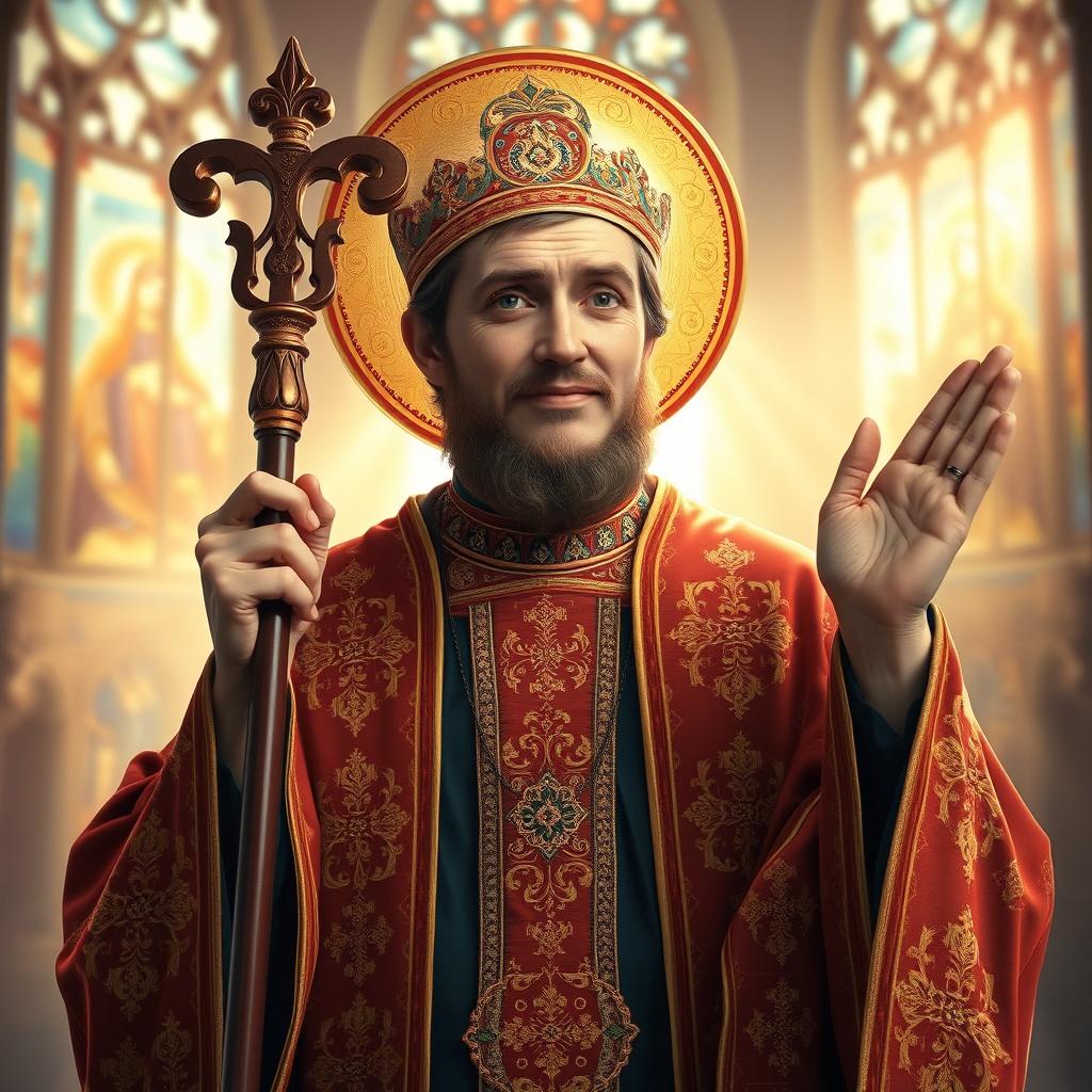 An Orthodox saint with Down syndrome, featuring traditional religious garments in rich colors adorned with gold embroidery