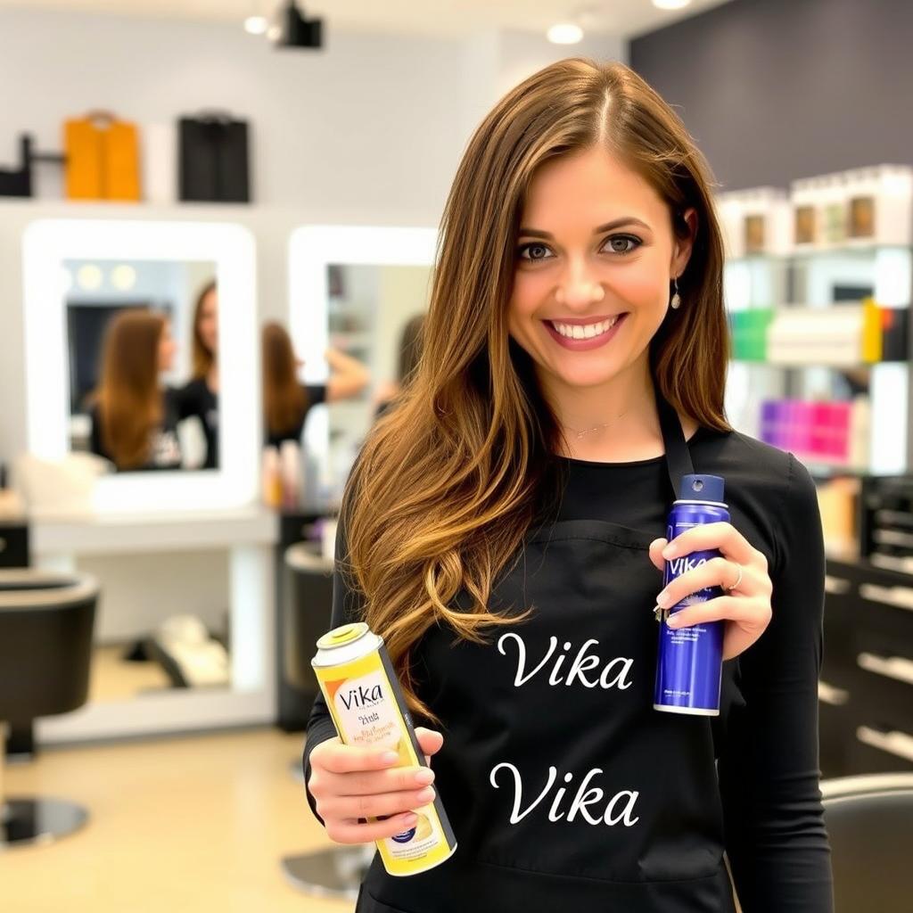 A hairdresser wearing a black apron with the inscription "Vika" is standing in a stylish salon
